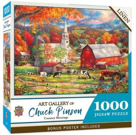 Master Pieces Jigsaw puzzle box featuring a colorful countryside scene with a red barn and church.