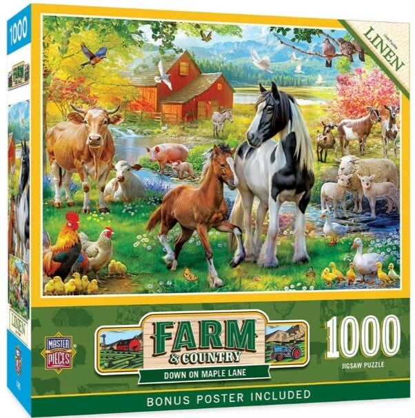 Master Pieces Jigsaw puzzle box featuring farm animals and a barn with 'Farm & Country' branding.
