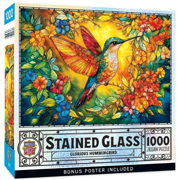 Master Pieces Jigsaw puzzle box with stained glass-style artwork of a hummingbird and flowers
