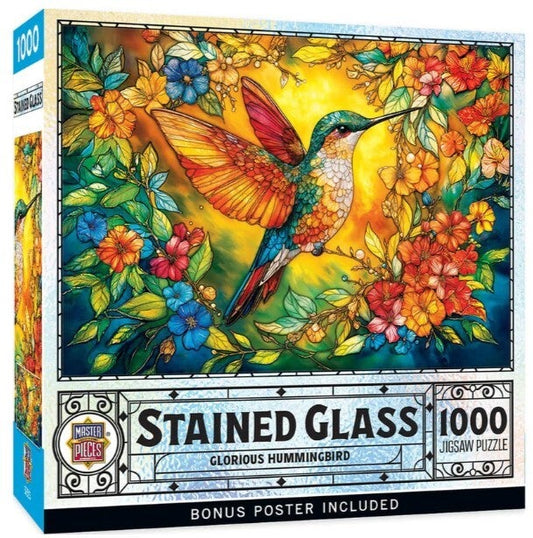 Master Pieces Jigsaw puzzle box with stained glass-style artwork of a hummingbird and flowers