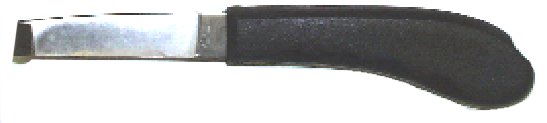 A small hoof knife with a silver metal blade and a textured black handle, shown against a plain white background.