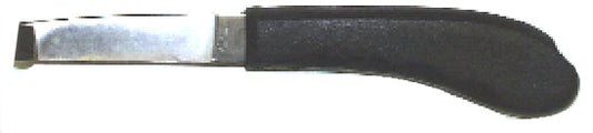 A small hoof knife with a silver metal blade and a textured black handle, shown against a plain white background.
