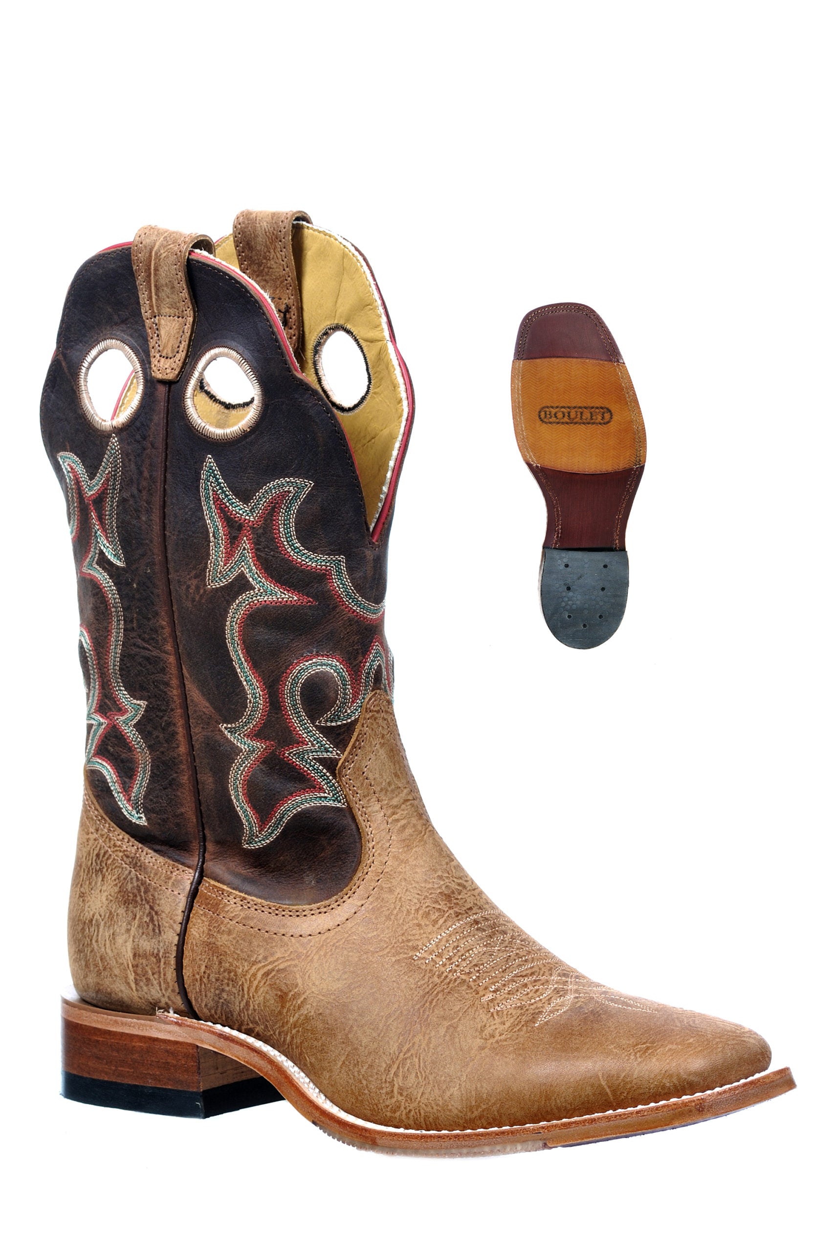 a cowboy boot with pull holes with a tan toe and a dark brown upper, on a white background. There is an image of the outsole to the side with 'Boulet' on it.