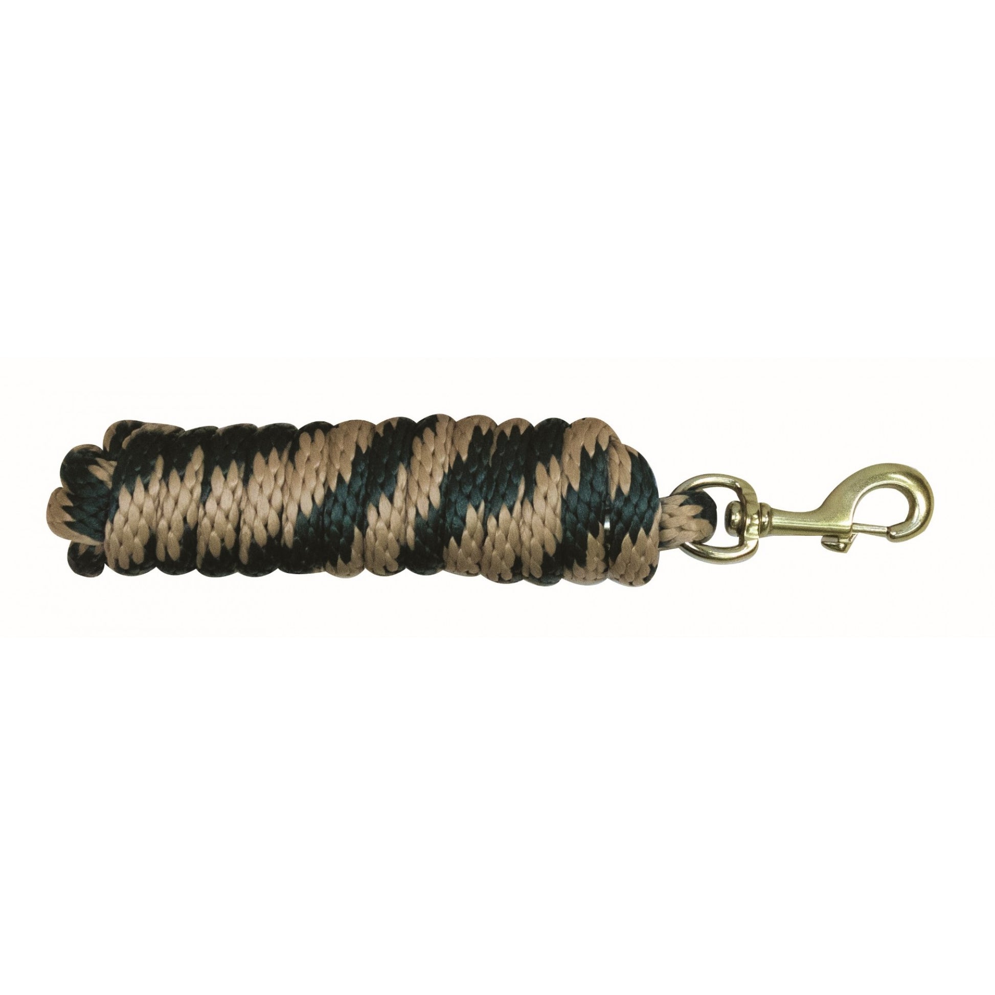 green and tan lead rope with a brass bolt snap