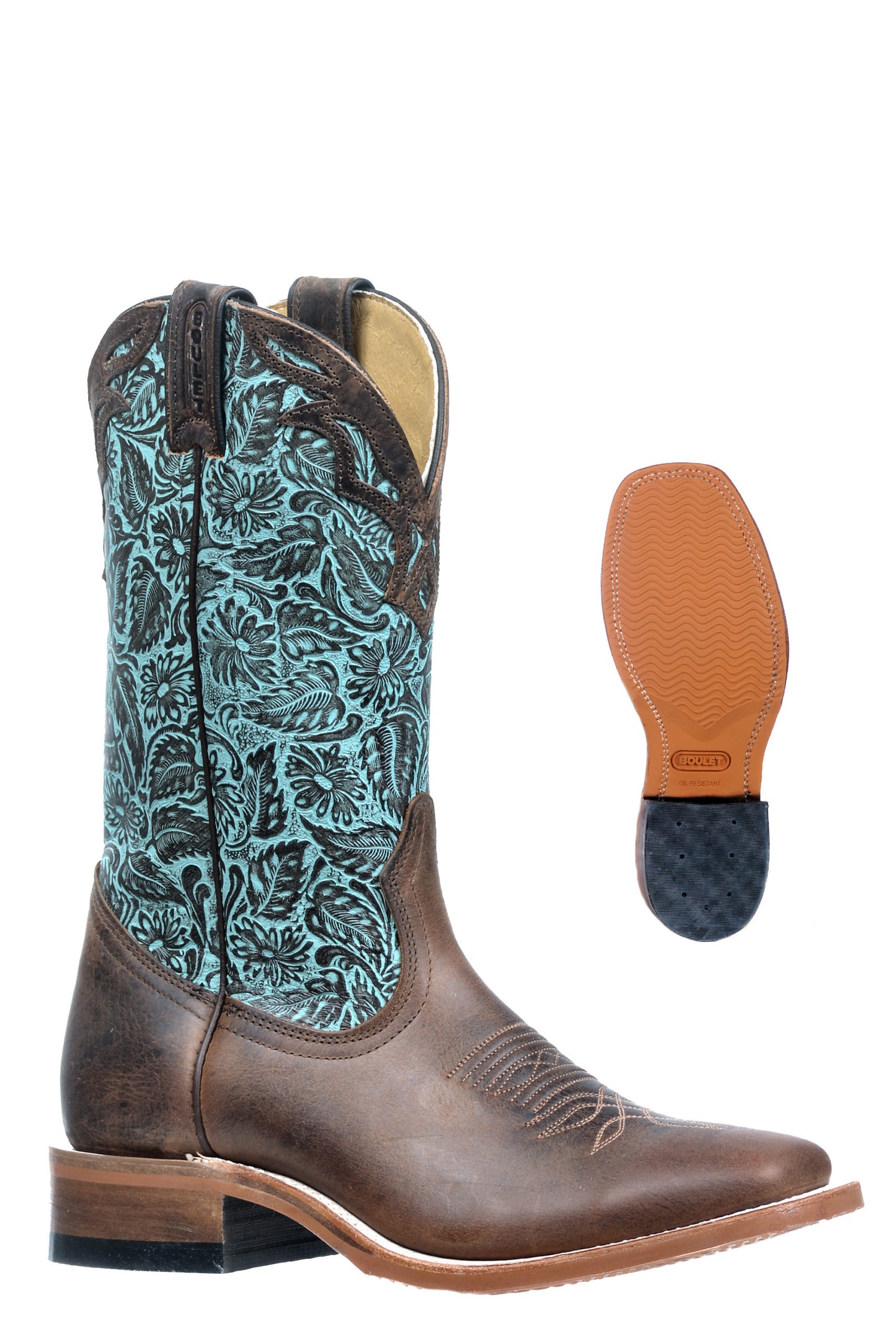 Brown cowboy boot with turquoise patterned insole on a white background