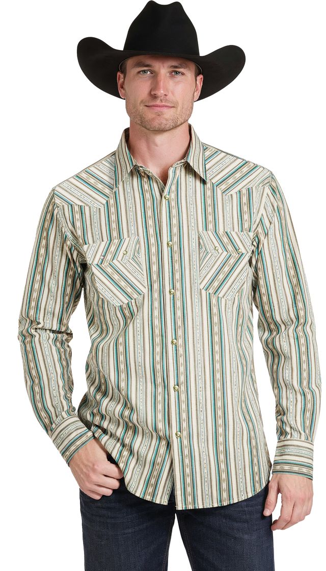 man wearing a cream striped Rock&Roll Denim shirt, blue jeans and a black cowboy hat on a white background