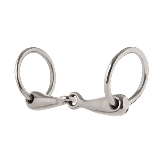 Metal loose ring pony snaffle bit on a white background