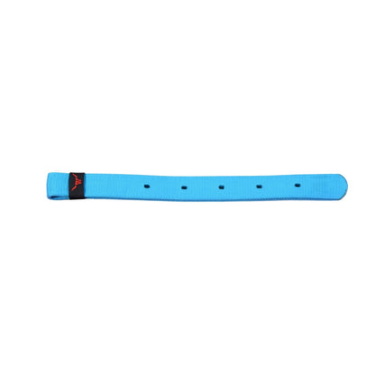 a turquoise nylon strap with holes and a red logo on a white background