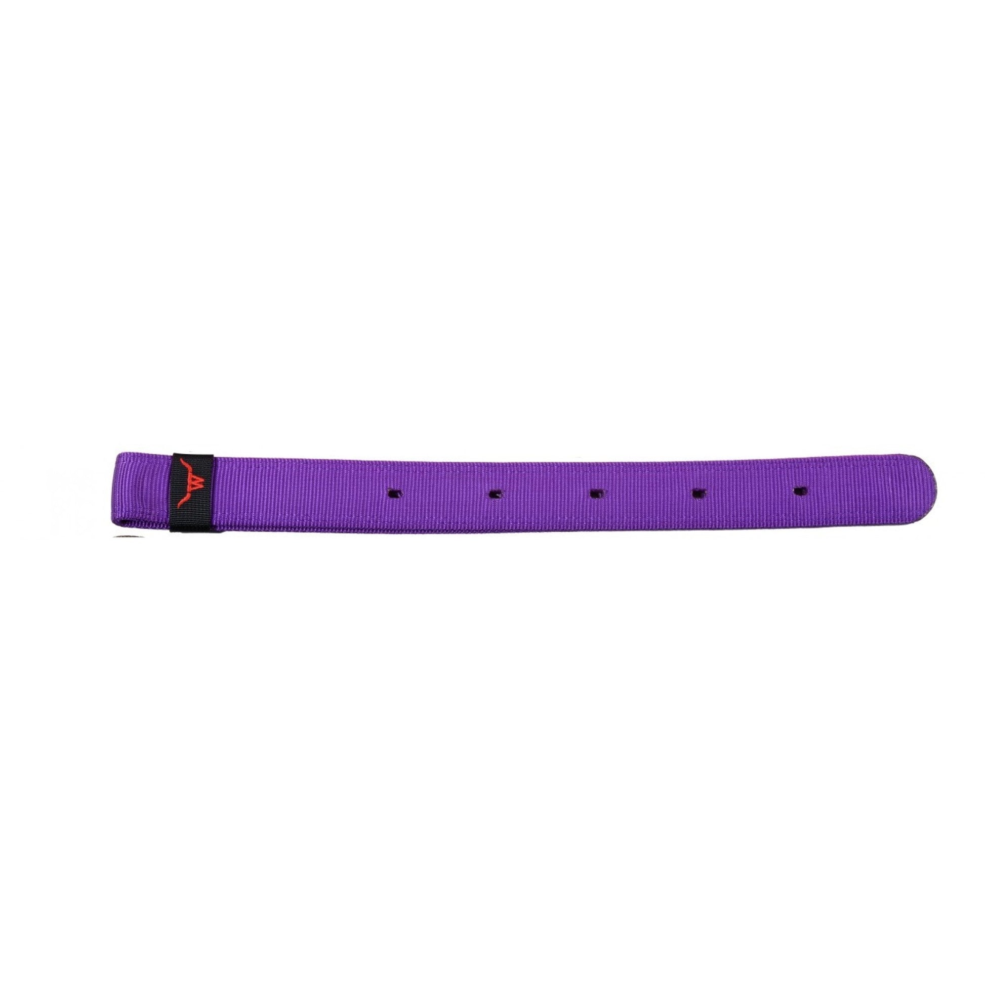 a purple nylon strap with holes and a red logo on a white background