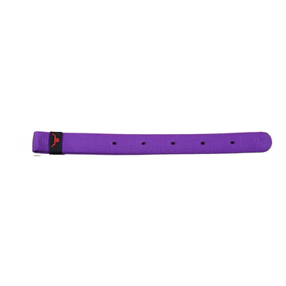 a purple nylon strap with holes and a red logo on a white background