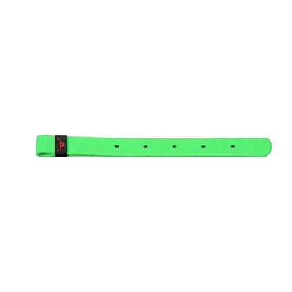a neon green nylon strap with holes and a red logo on a white background