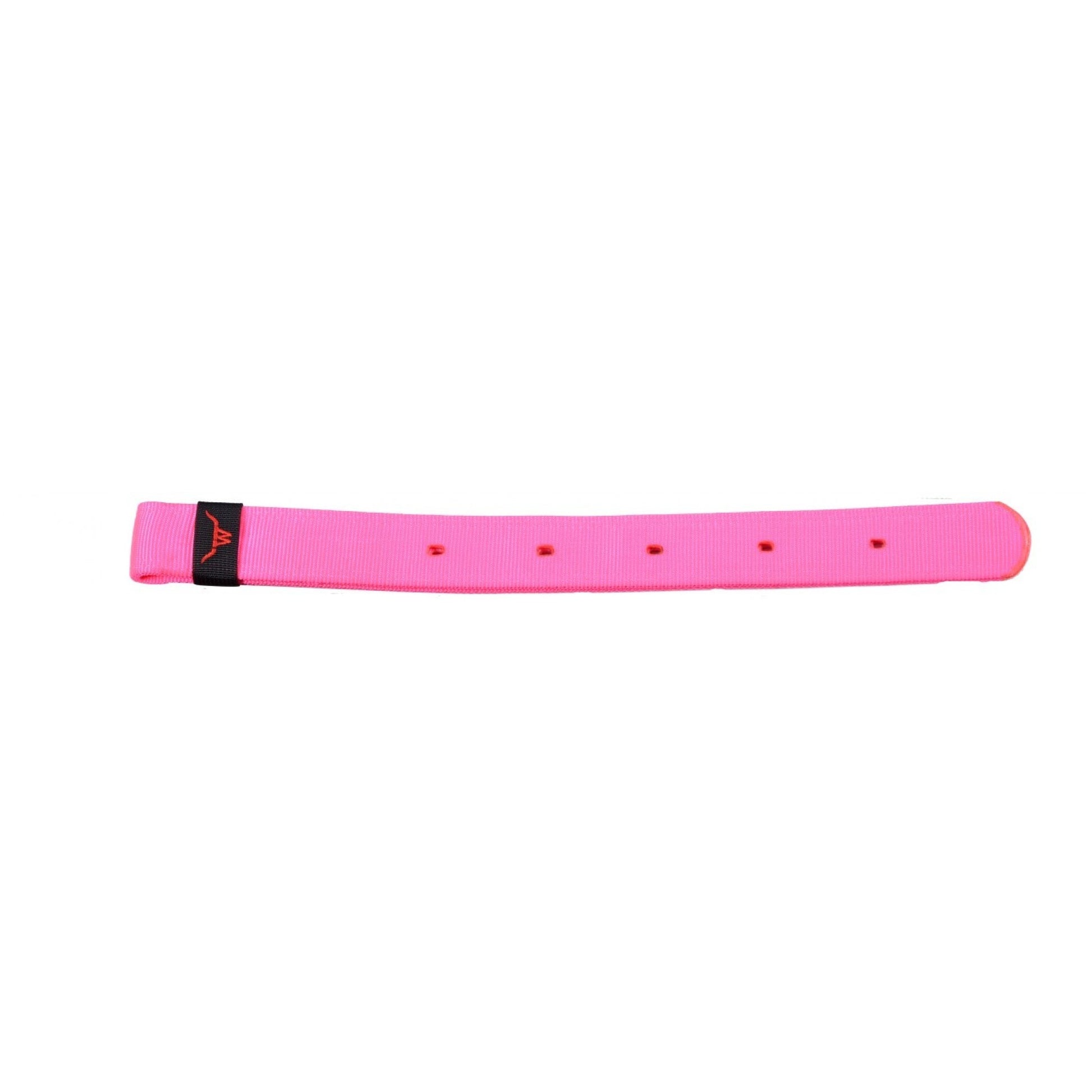 a pink nylon strap with holes and a red logo on a white background