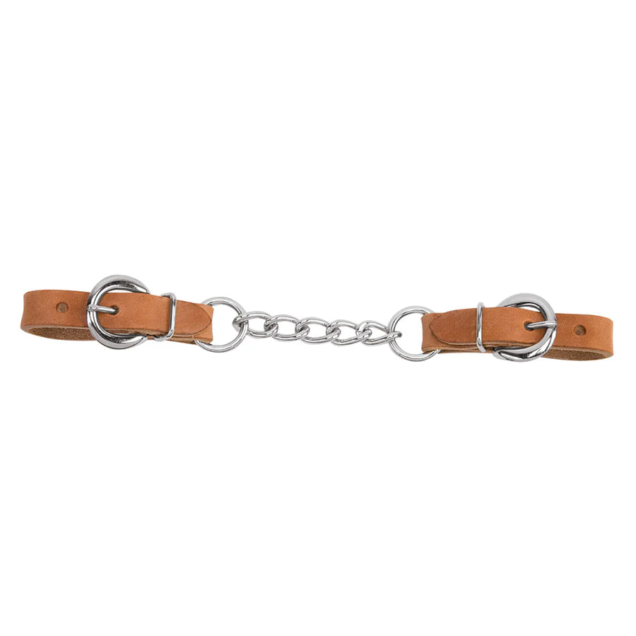 Leather curb strap with single chain on a white background