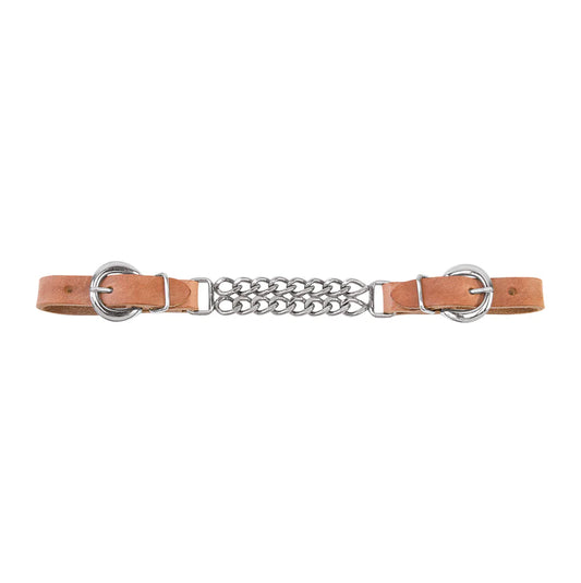 leather curb strap with double flat link chain on a white background