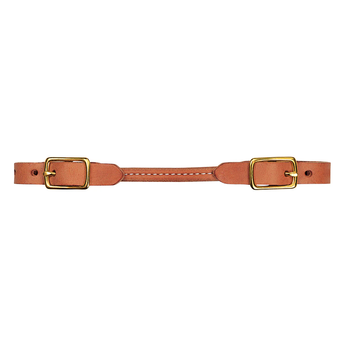 Harness leather rounded curb strap with brass buckles on a white background