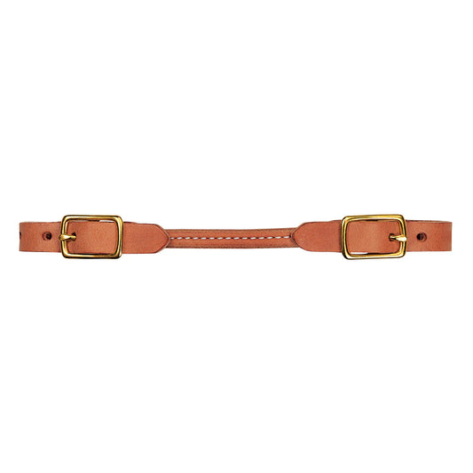 Harness leather rounded curb strap with brass buckles on a white background