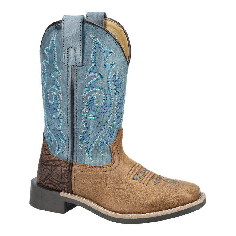 Brown and blue cowboy boot on a white background