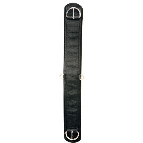 Black PVC cinch for horses with a removable back and hook and loop fastening, featuring nickel plated hardware.