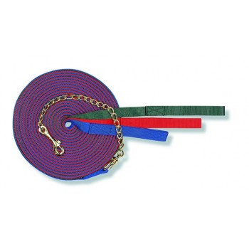 three coiled horse ropes with a chain over top, colors are red, green and blue