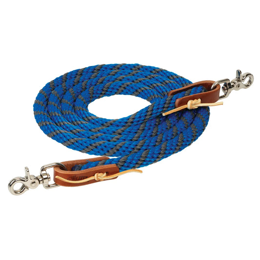 A coiled blue and gray braided rope lead with brown leather loops and silver metal snap hooks, shown on a plain white background.