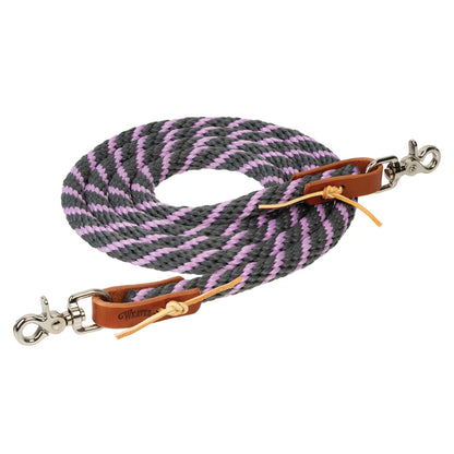 pink and grey coiled rope with snaps and leather attachments