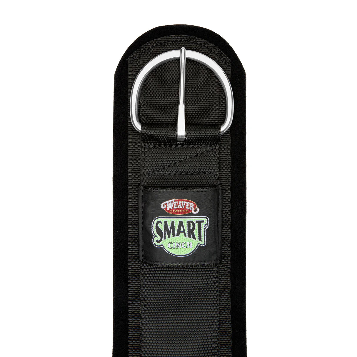 black neoprene lined 'smart' cinch by weaver for horses on a white background