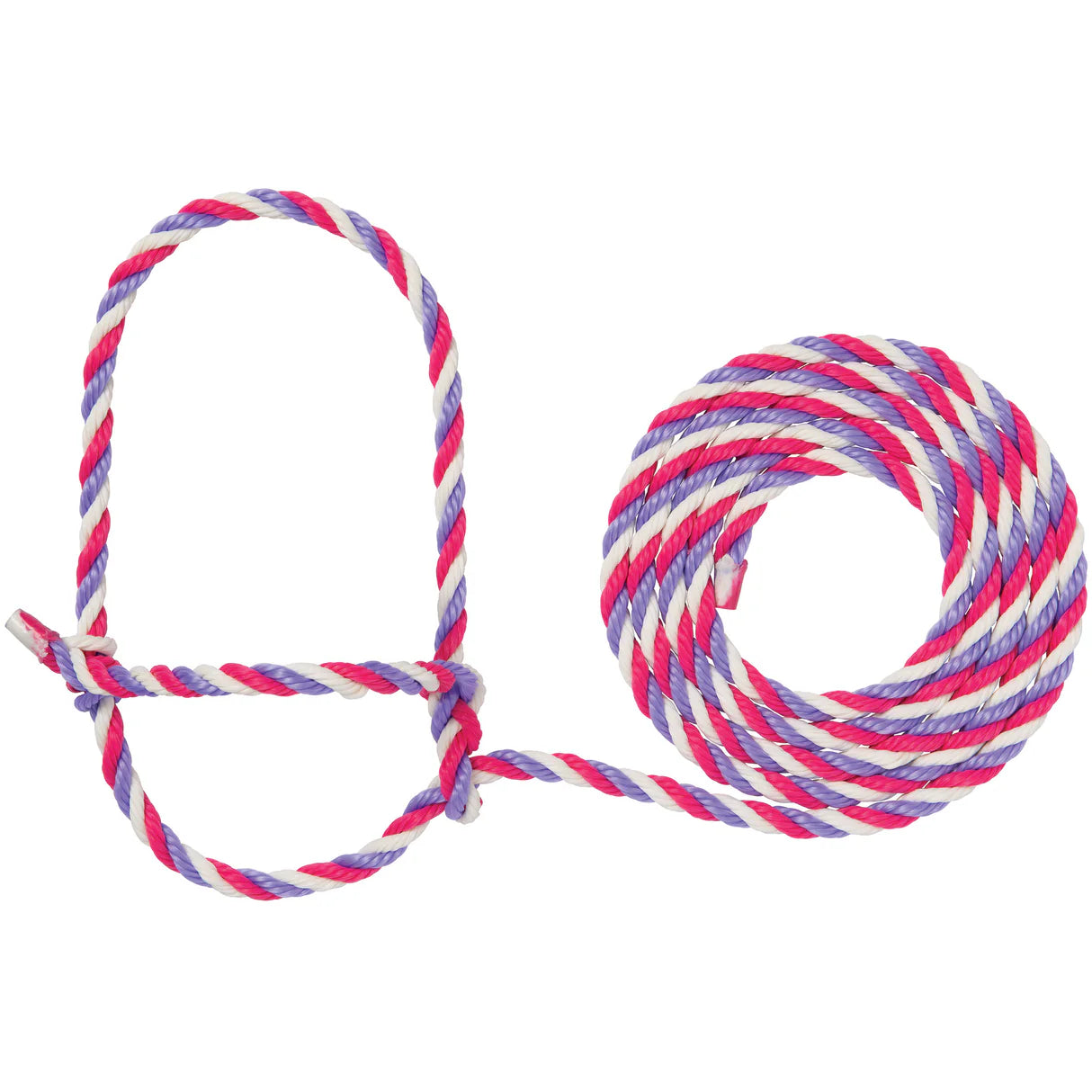 Pink, purple and white rope halter with a loop for cattle on a white background