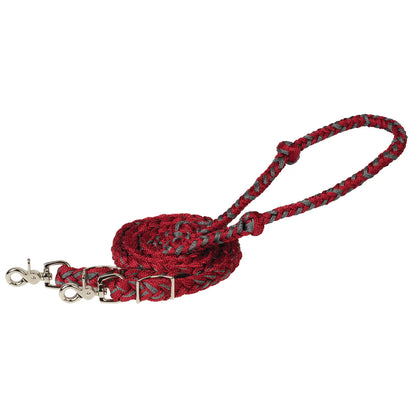 red and grey braided poly barrel reins with trigger snaps on a white background