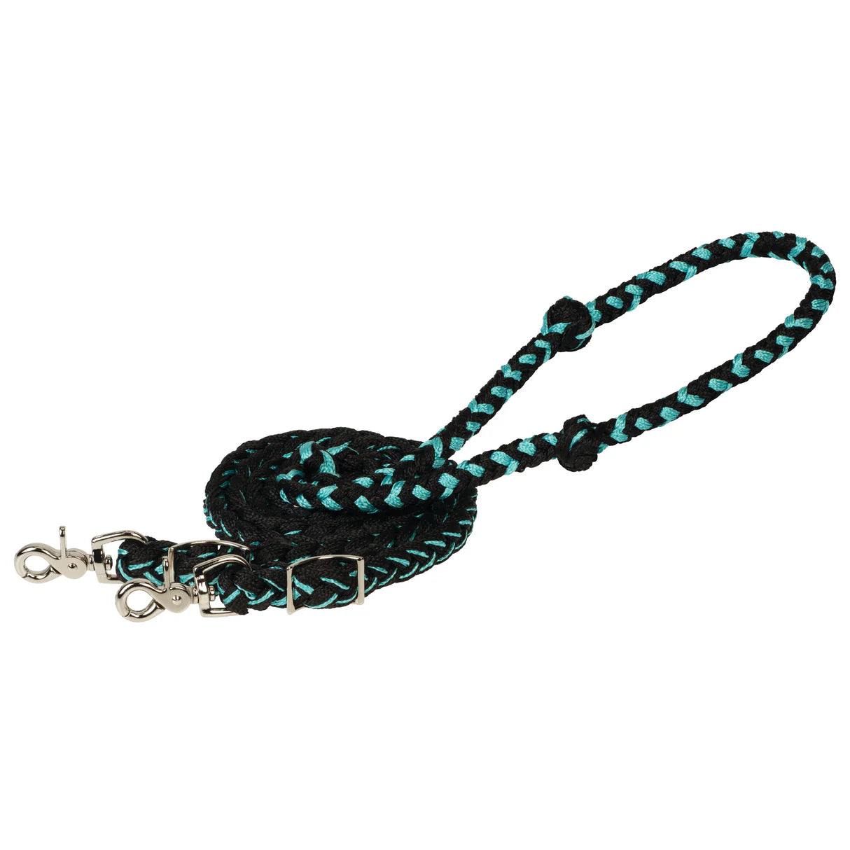 Black & Turquoise braided poly barrel reins with trigger snaps on a white background
