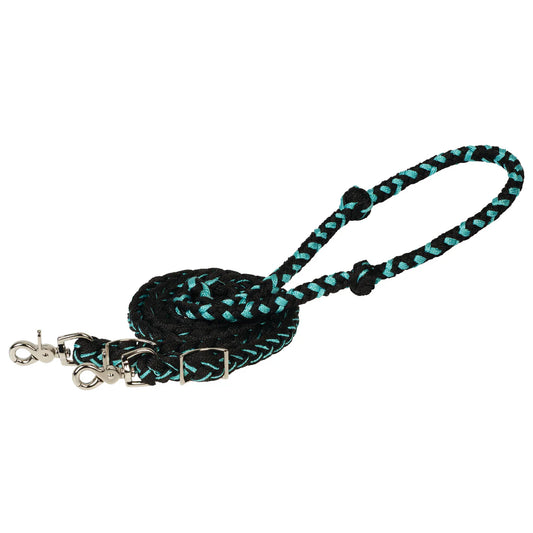 Black & Turquoise braided poly barrel reins with trigger snaps on a white background
