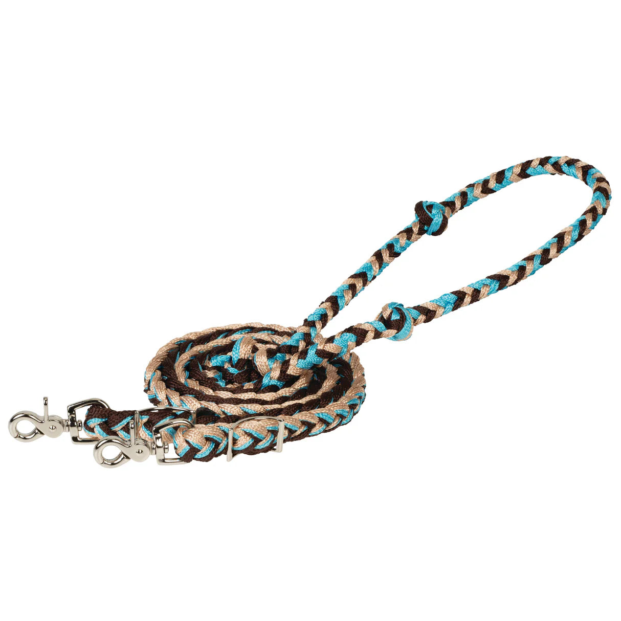 brown, tan & Turquoise braided poly barrel reins with trigger snaps on a white background