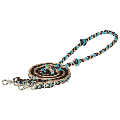 brown, tan & Turquoise braided poly barrel reins with trigger snaps on a white background
