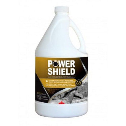A white plastic gallon jug of Power Shield horse supplement with a black and gold label, shown against a plain white background.