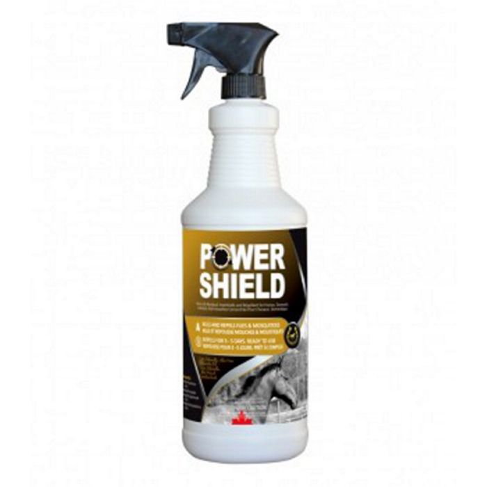A white plastic spray bottle of Power Shield with a black trigger sprayer and a brown and black label, isolated on a white background.