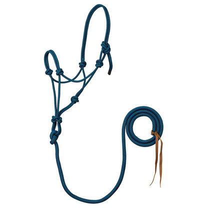 A blue and black braided rope halter with matching lead rope and leather tie, displayed on a clean white background.