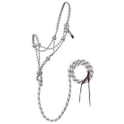 White & blue rope halter for horses with attached lead rope on a white background