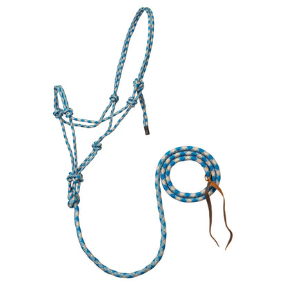 A blue and white braided rope halter with matching lead rope and leather tie, displayed on a clean white background.
