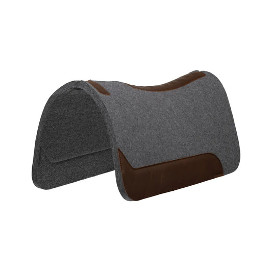 Gray saddle pad with brown accents on a white background