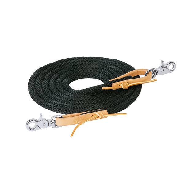 Black coiled poly reing with leather ends and trigger snaps on a white background