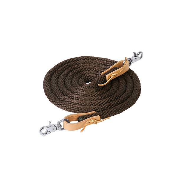 Brown coiled poly reing with leather ends and trigger snaps on a white background