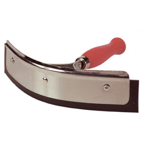 a metal and rubber sweat scraper with a red wooden handle