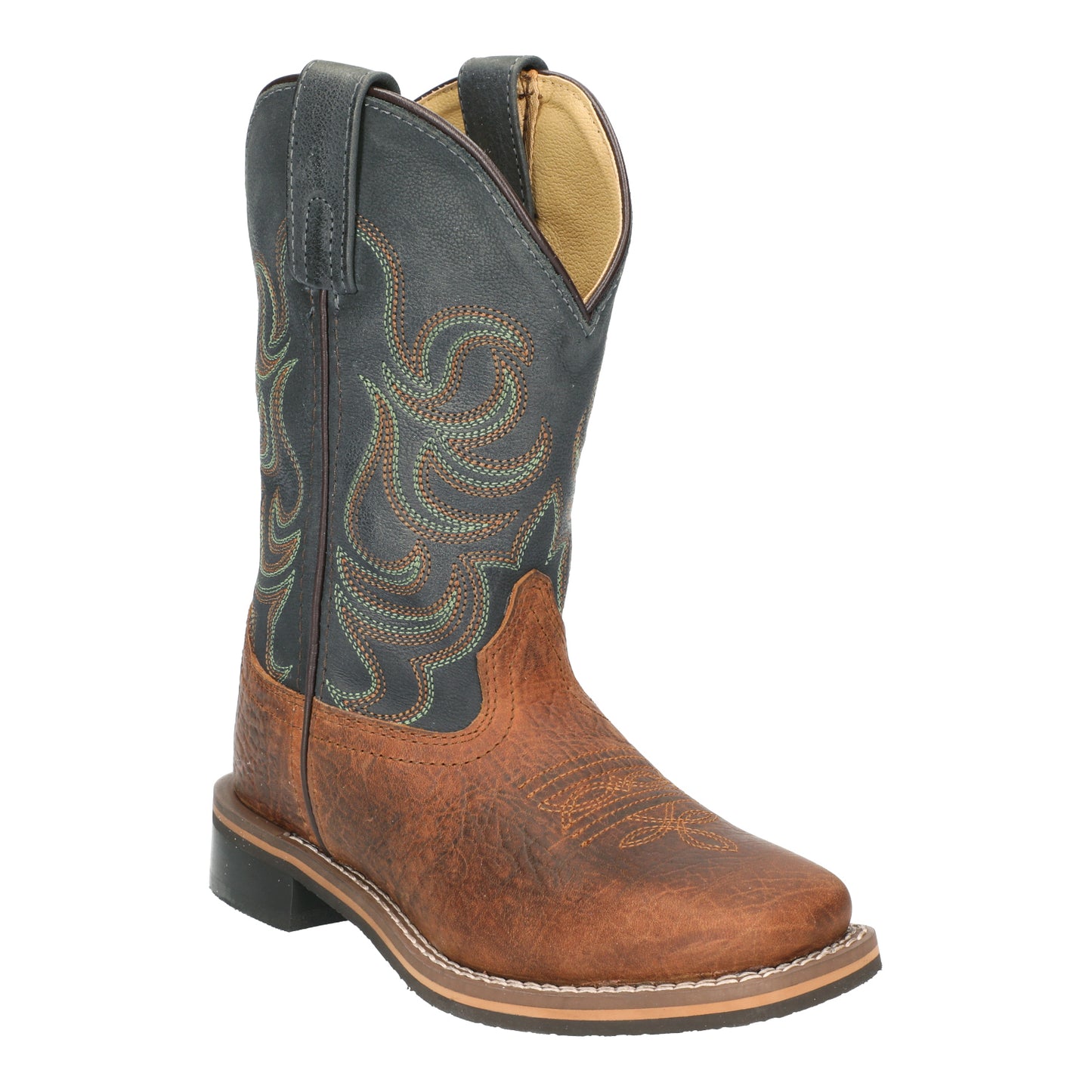 a navy and brown cowboy boot with intricate stitching on a white background