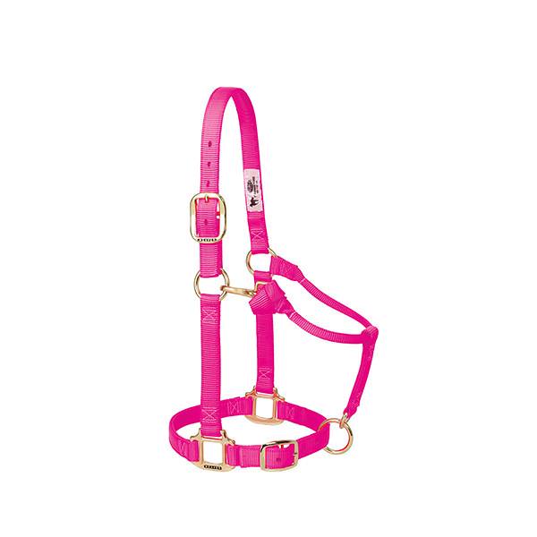 diva pink adjustable nylon pony halter with brass plated hardware and a throat snap.