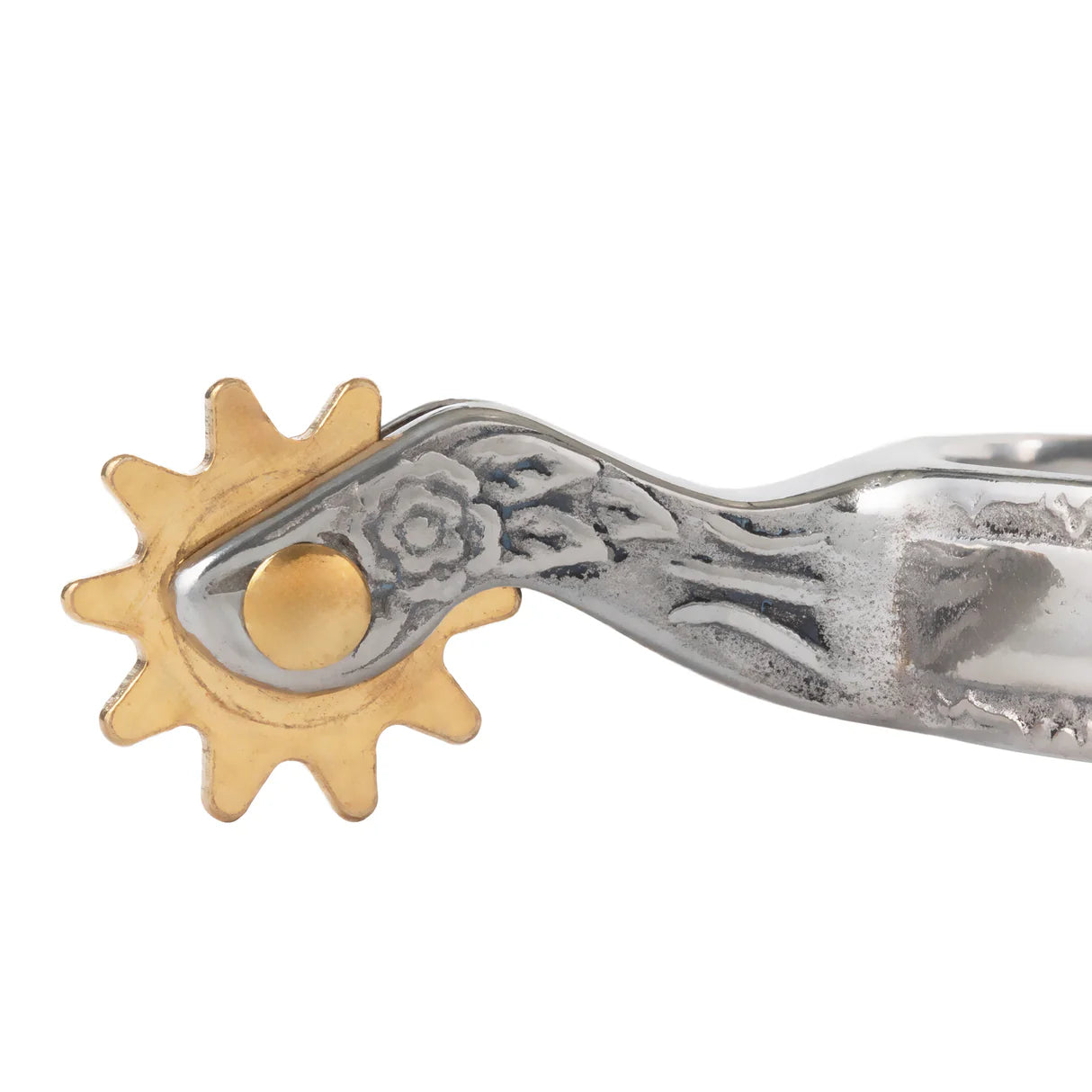 Close-up of a silver and gold colored spur rowel on a white background