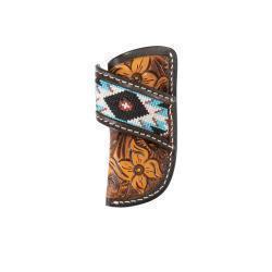 a vertical knife sheath with leather tooling and embroidery