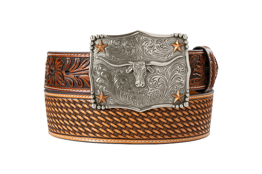Leather belt with basket stamp and floral detail and a Longhorn buckle on a white background