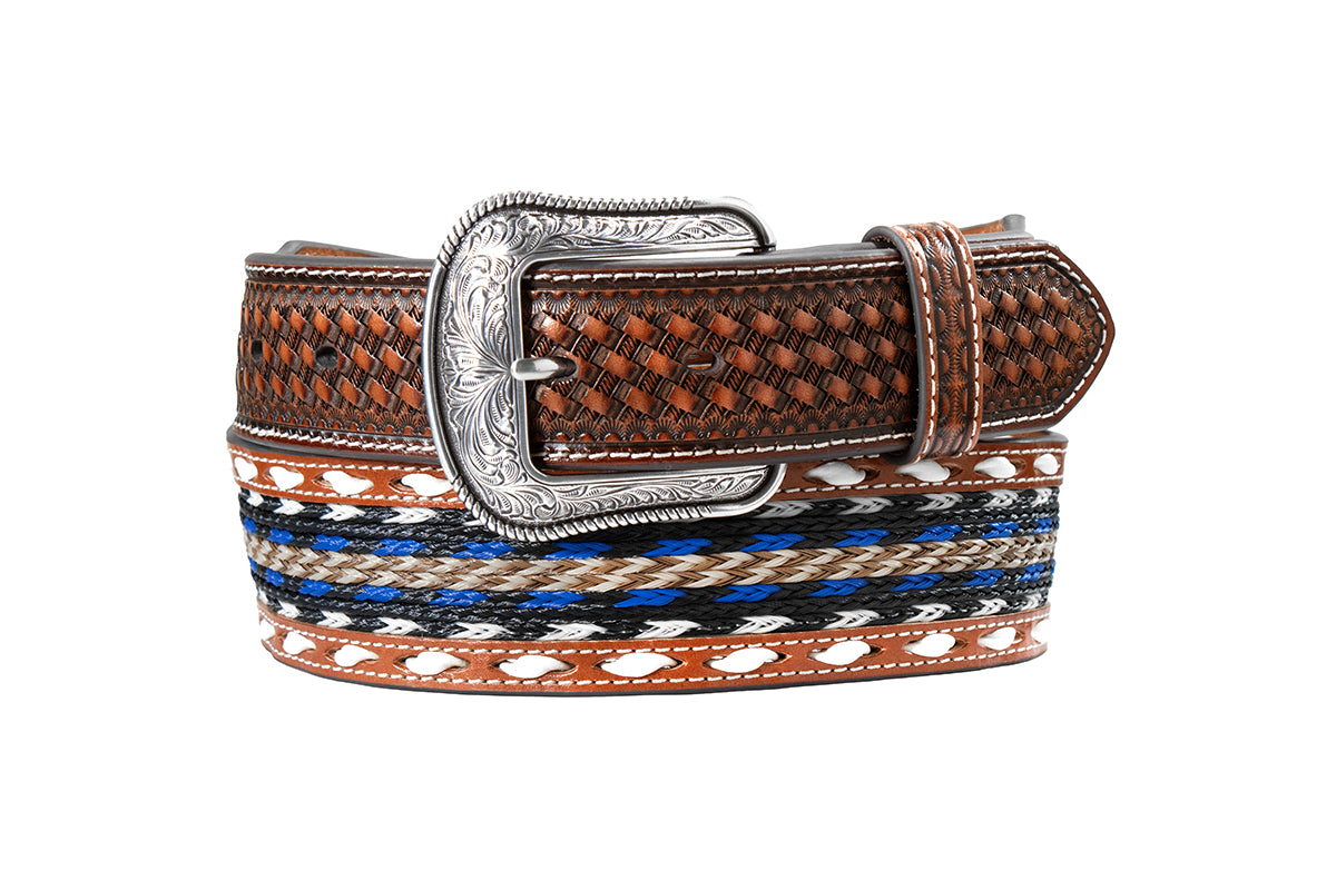 Brown leather 3D Belts belt with a decorative buckle on a white background
