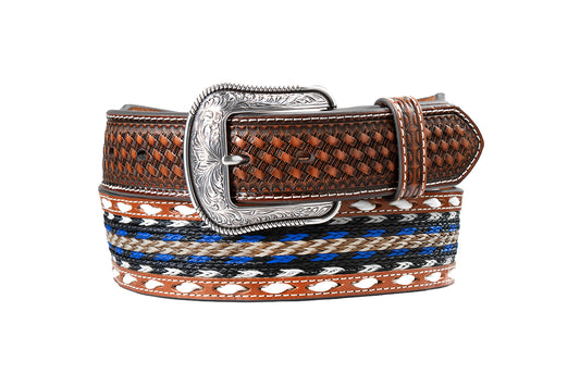 Brown leather 3D Belts belt with a decorative buckle on a white background