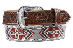 Leather belt with a decorative buckle and a buckstitch and embroidery detail on a white background