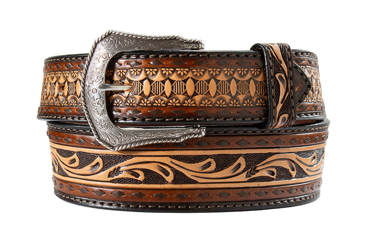 Decorative 3D Belts leather belt with intricate patterns and a large buckle on a white background